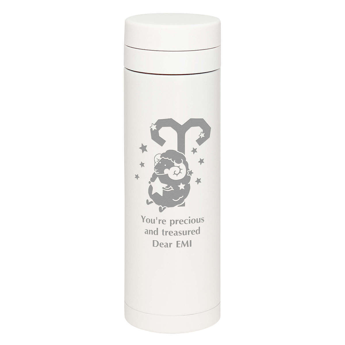 星座モチーフと名前を刻印したカスタムマグボトル。真空二重構造で機能性も高く、特別な誕生日プレゼントとして喜ばれる逸品