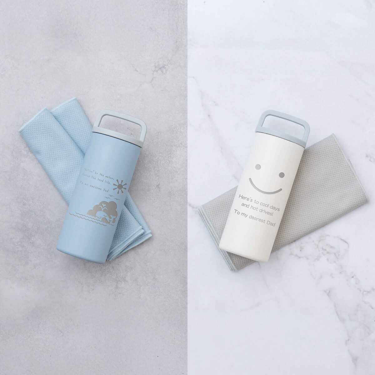 アクティブ派のお母さんへ贈る母の日ギフト「氷タオル ヒヤシーナ」。名入れ可能な真空ステンレスボトルと冷感タオルのセット商品画像。