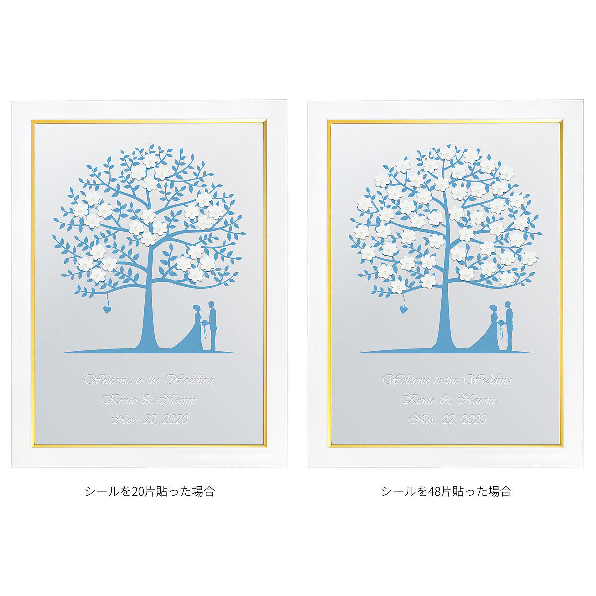 ミラーウェルカムボードに付属するお花のシールをゲストが貼り付けている様子。結婚式当日に全員で作る参加型演出のディテール画像