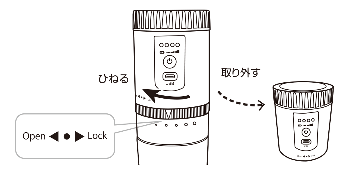 オールインコーヒーメーカータンブラーの使い方ステップ1：上部の電動モーターをOpen方向へ回して取り外す様子